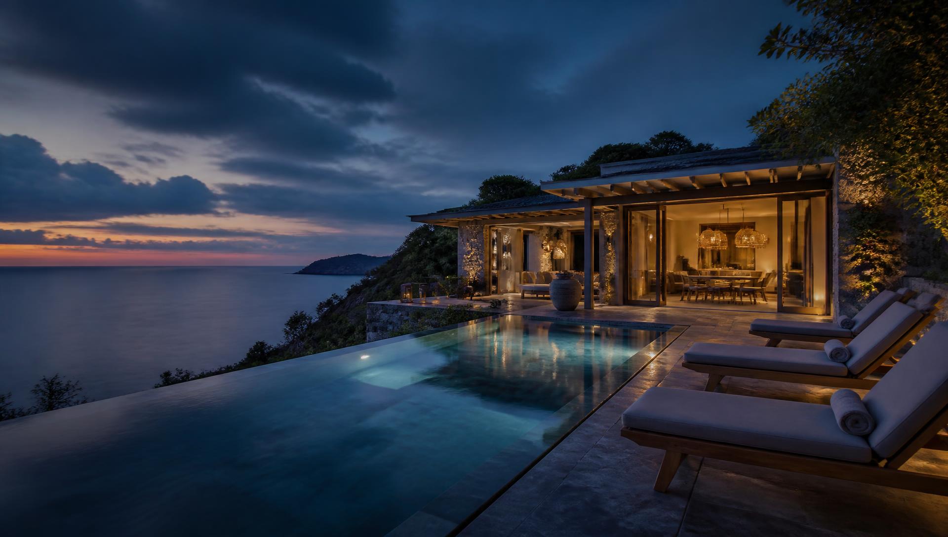 A private villa infinity pool above the sea at blue hour