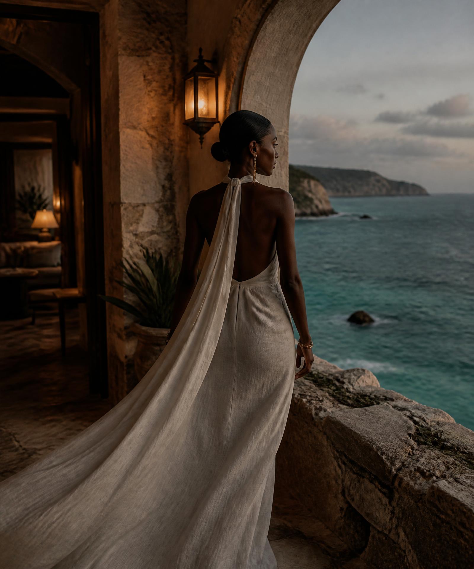 A traveler at the archway of a cliffside villa above the sea at dusk